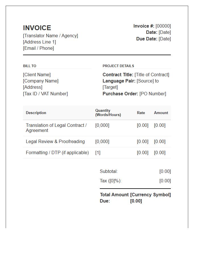 Business Contract Translation Invoice Template