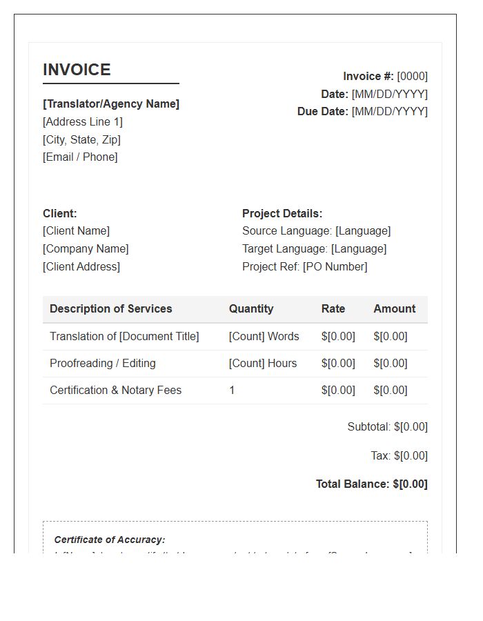 Certified Language Translation Invoice Template