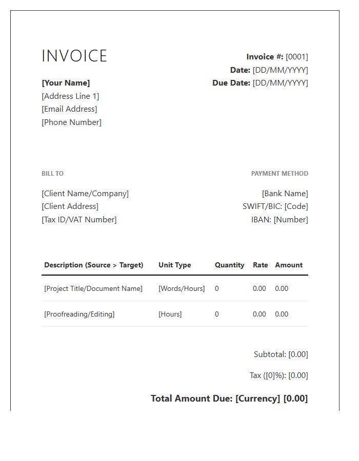 Freelance Translator Professional Invoice Template