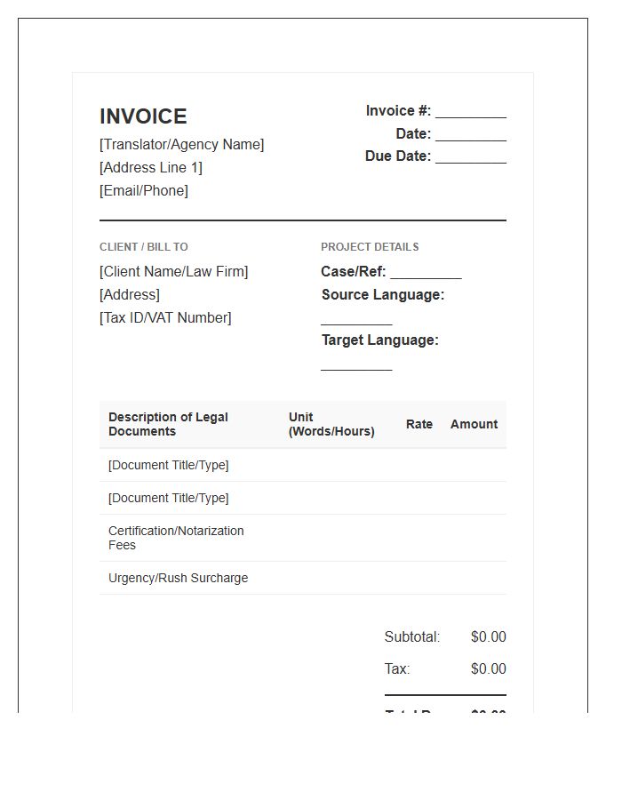 Legal Translation Document Invoice Template
