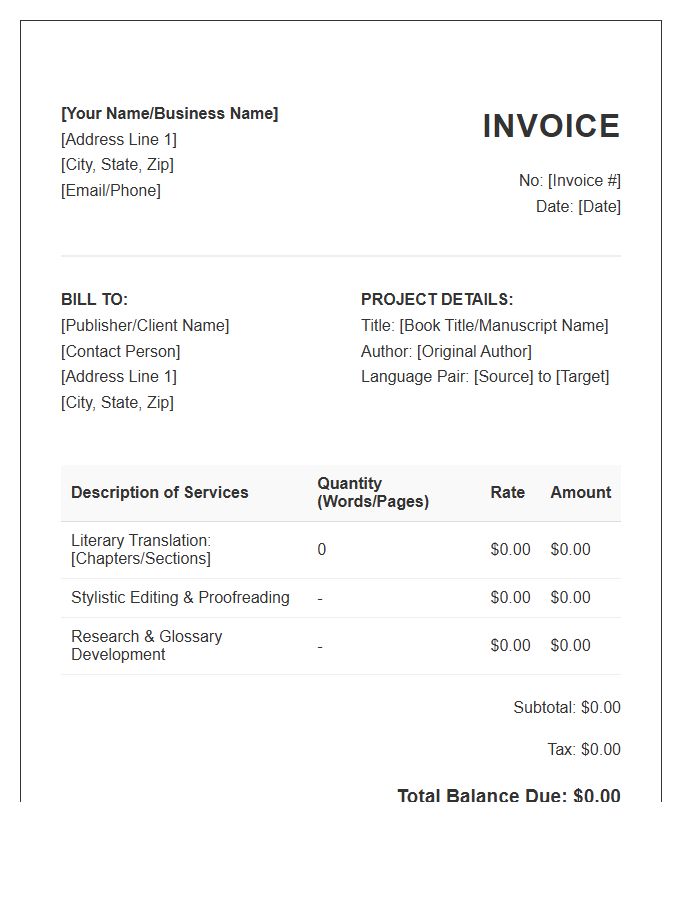 Literary Translation Work Invoice Template