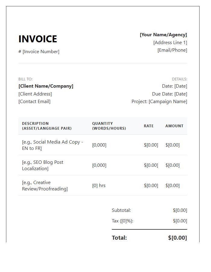 Marketing Content Translation Invoice Template