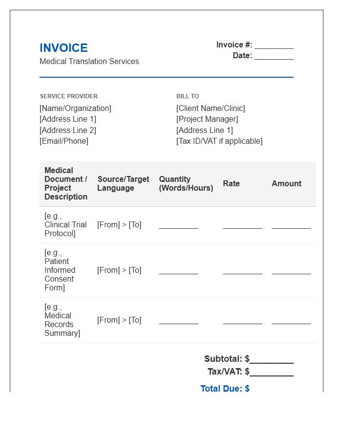 Medical Translation Project Invoice Template