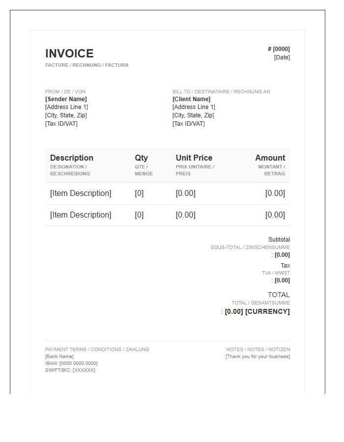 Multi Language Localization Invoice Template