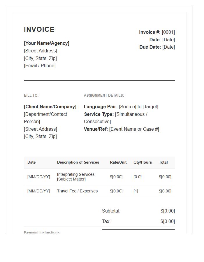 Professional Interpreter Service Invoice Template