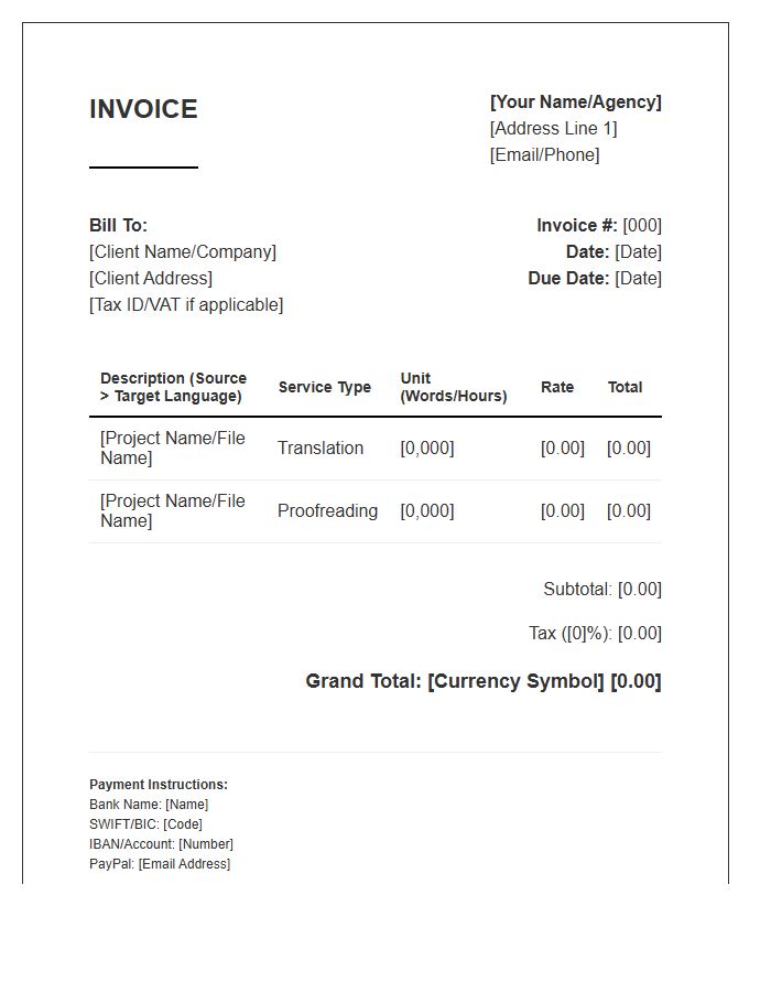 Proofreading And Translation Invoice Template