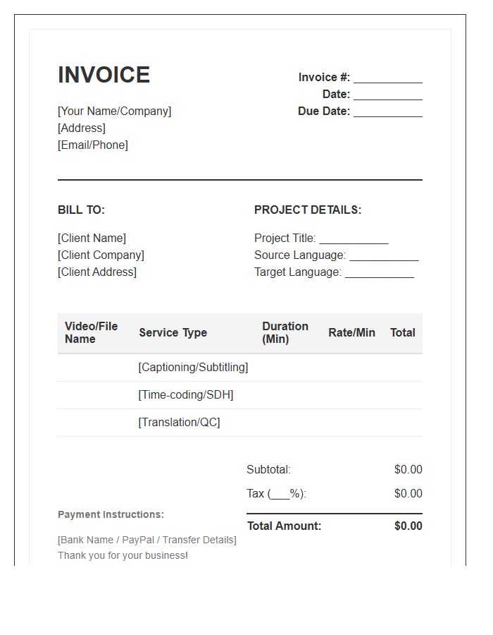 Subtitling And Captioning Invoice Template