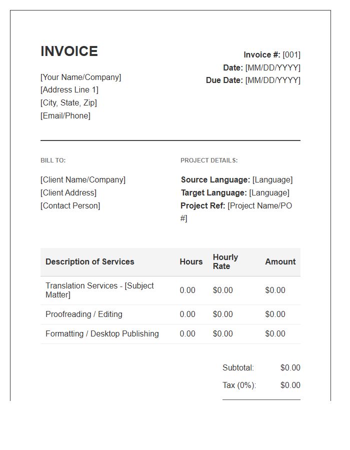 Translation Service Hourly Rate Invoice Template