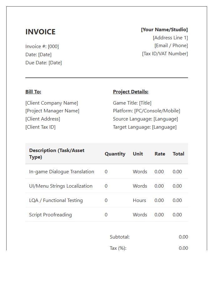 Video Game Localization Invoice Template