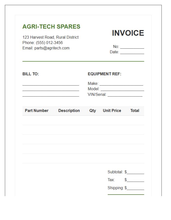 Agricultural Equipment Spare Parts Invoice Template