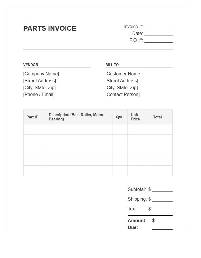 Conveyor System Replacement Parts Invoice Template