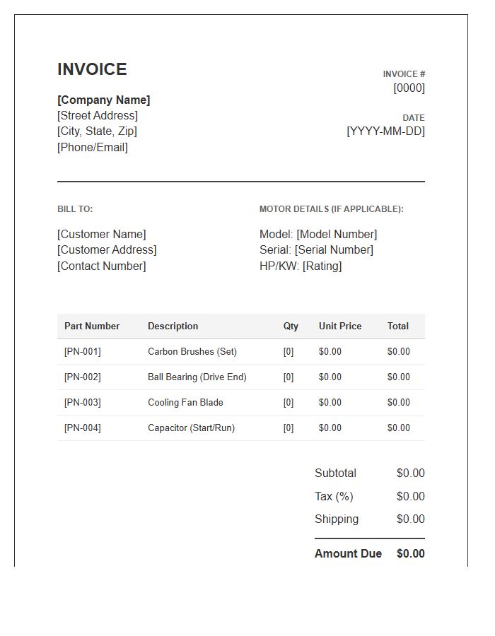 Electric Motor Spare Parts Invoice Template