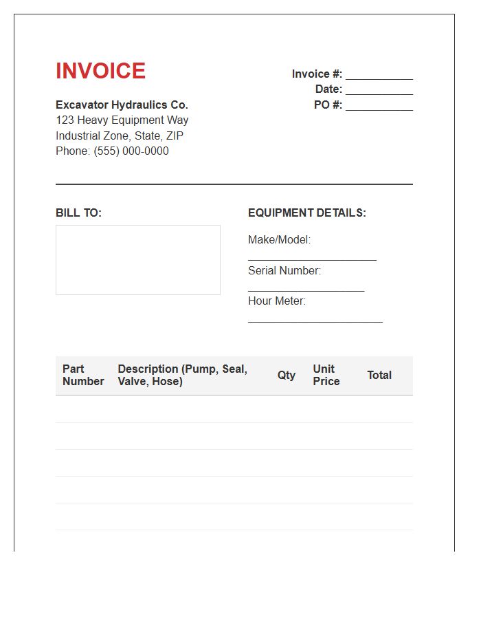 Excavator Hydraulic Parts Billing Invoice Template