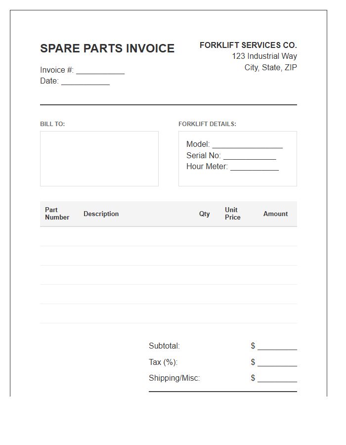 Forklift Maintenance Spare Parts Invoice Template