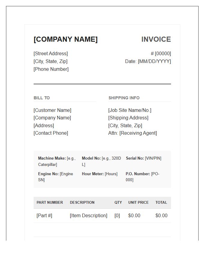 Heavy Equipment Replacement Parts Invoice Template