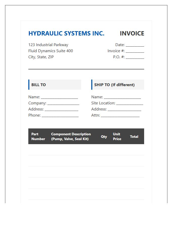 Hydraulic System Component Invoice Template