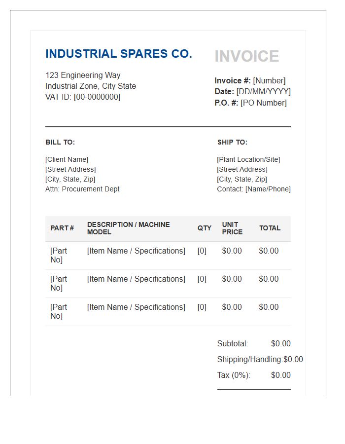 Industrial Machinery Spare Parts Invoice Template
