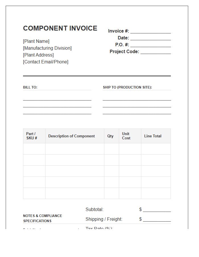 Manufacturing Plant Component Invoice Template