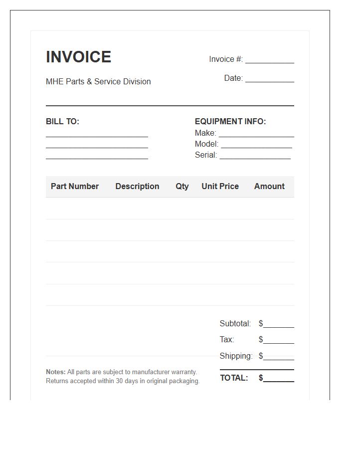 Material Handling Equipment Parts Invoice Template