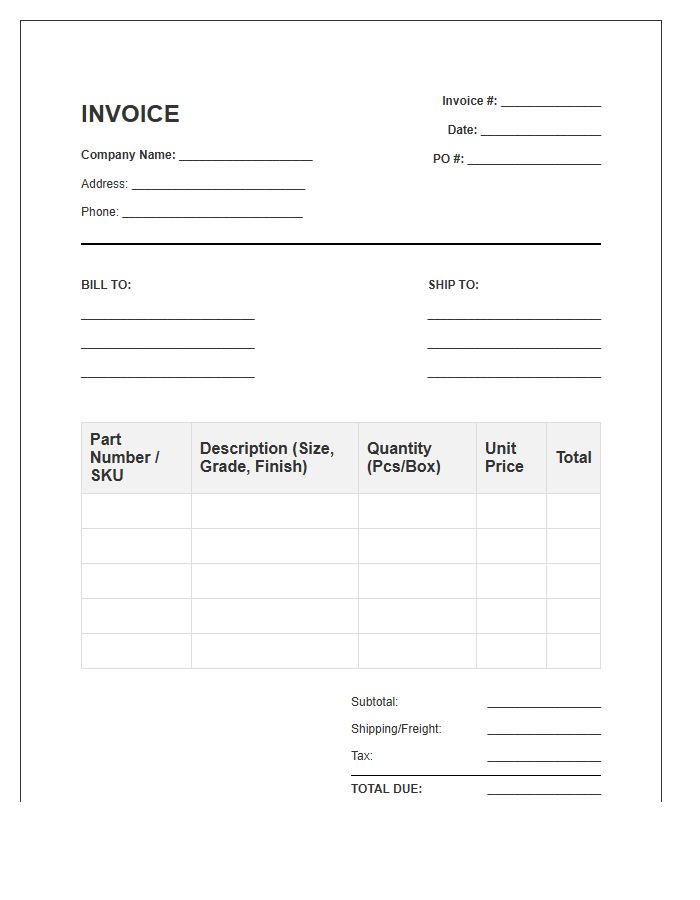 Mechanical Fastener Bulk Order Invoice Template
