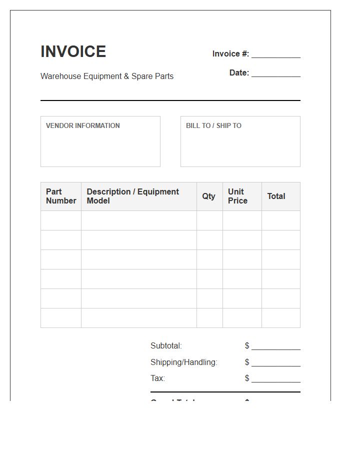 Warehouse Equipment Spare Parts Invoice Template