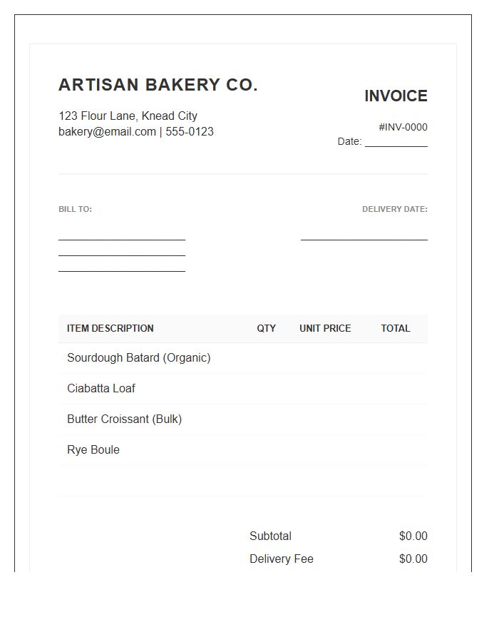 Artisan Baker Wholesale Invoice Template