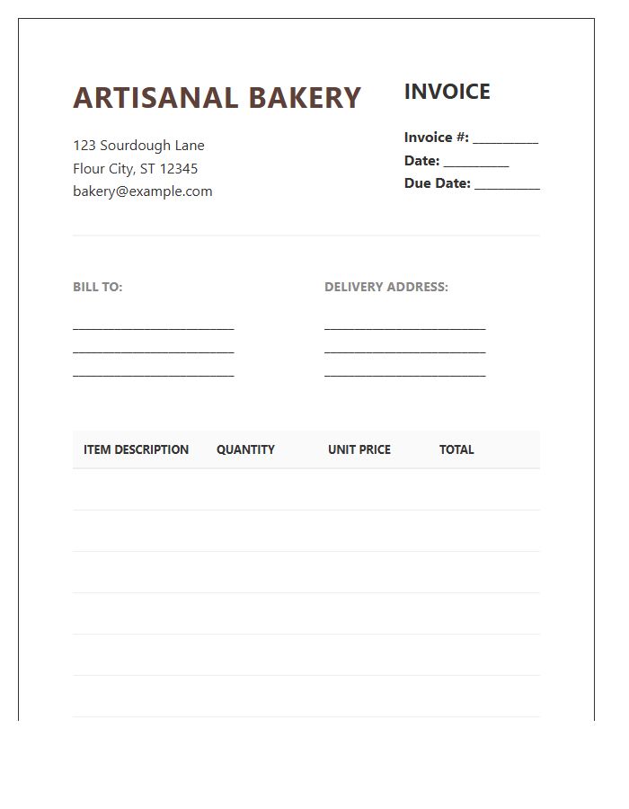 Artisanal Bakery Wholesale Invoice Template
