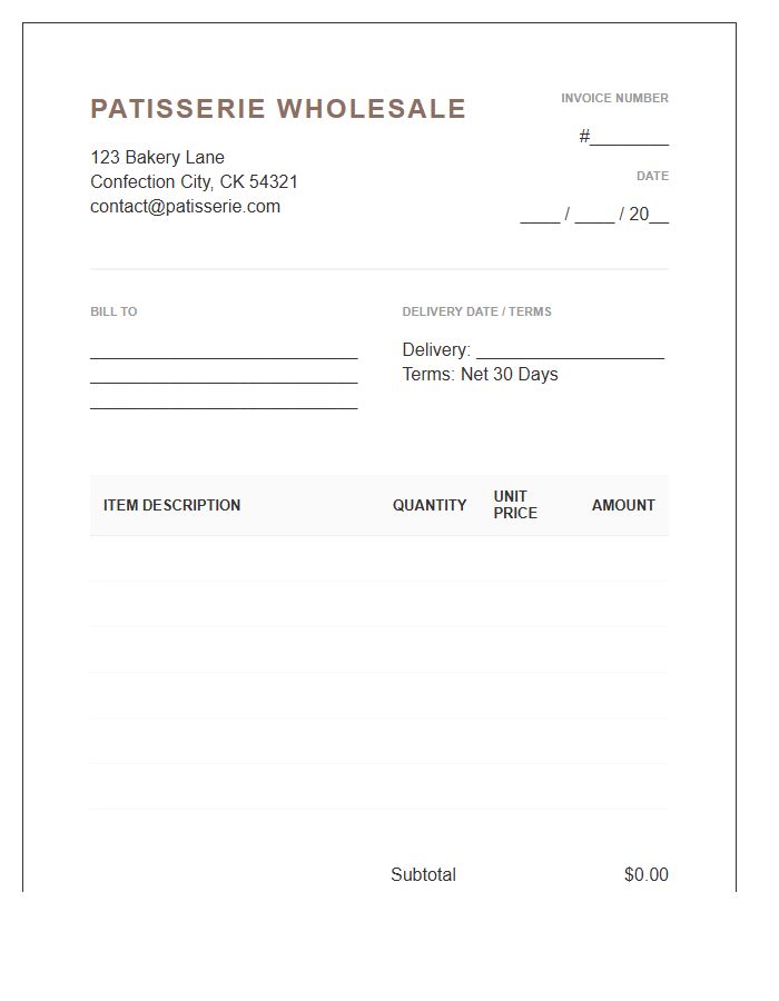 Patisserie Wholesale Invoice Template