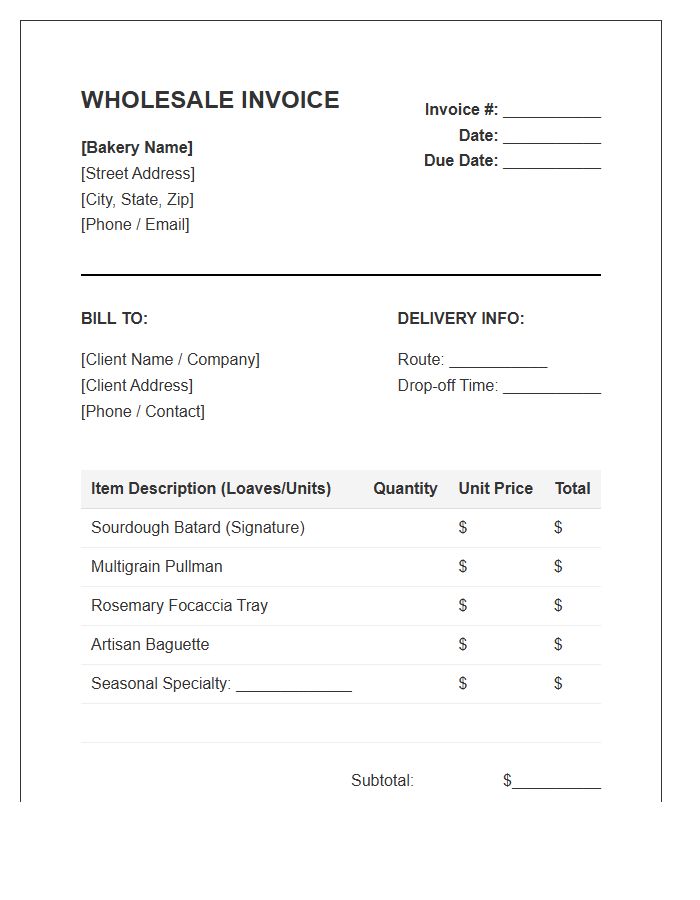 Specialty Bread Wholesale Invoice Template