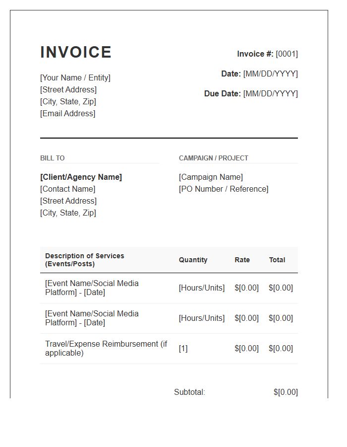 Brand Ambassador Service Invoice Template