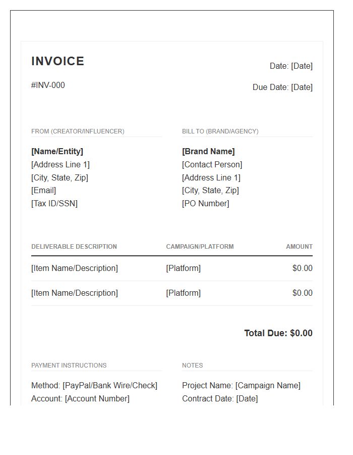 Brand Collaboration Agreement Invoice Template