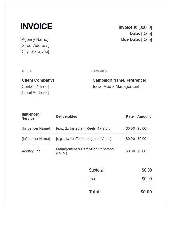 Influencer Agency Billing Invoice Template