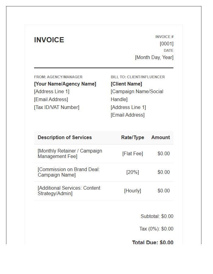 Influencer Management Fee Invoice Template