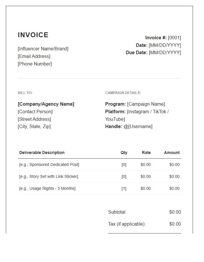Influencer Outreach Program Invoice Template