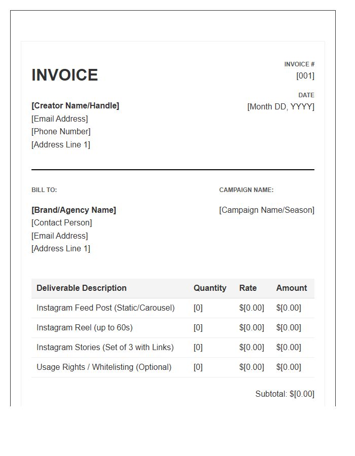 Instagram Partnership Campaign Invoice Template