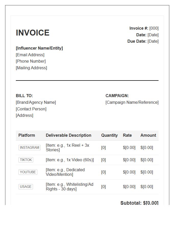 Multi Platform Influencer Invoice Template