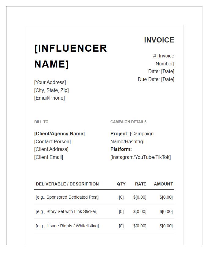 Professional Influencer Marketing Invoice Template