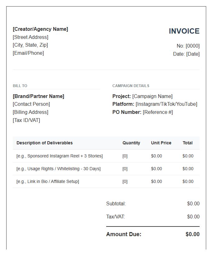Social Media Advertising Partnership Invoice Template