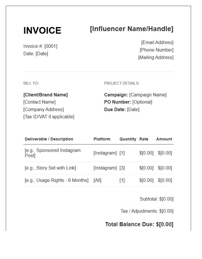 Social Media Influencer Partnership Invoice Template
