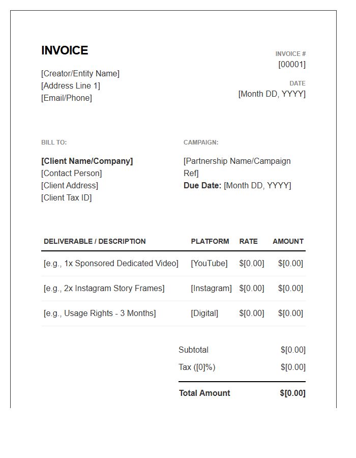 Sponsored Content Partnership Invoice Template
