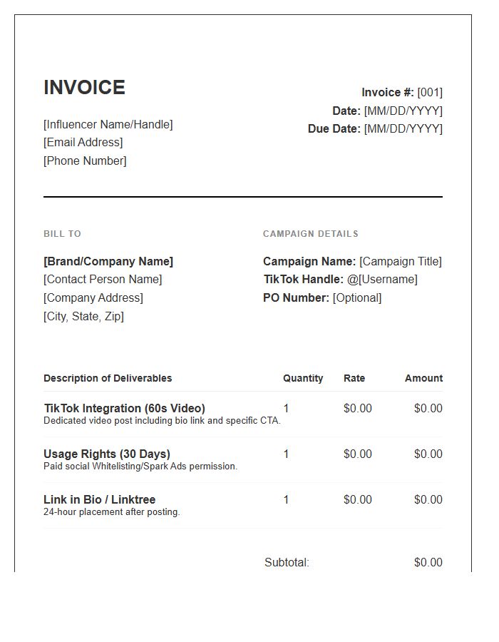TikTok Influencer Partnership Invoice Template