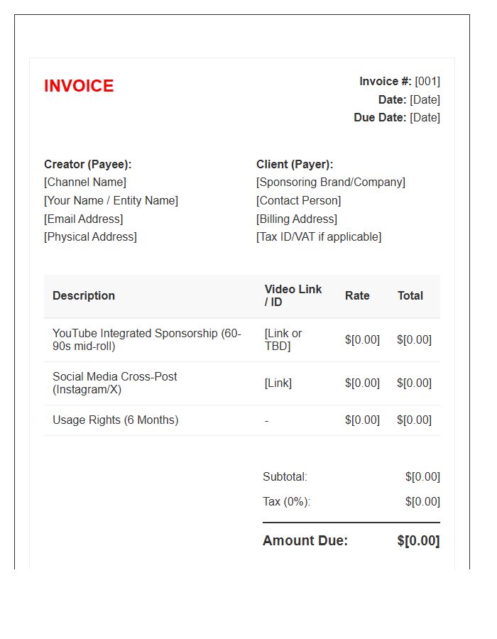 YouTube Sponsored Video Invoice Template