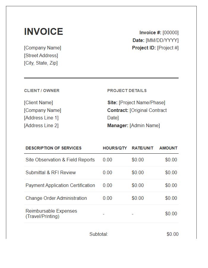 Construction Administration Service Invoice Template
