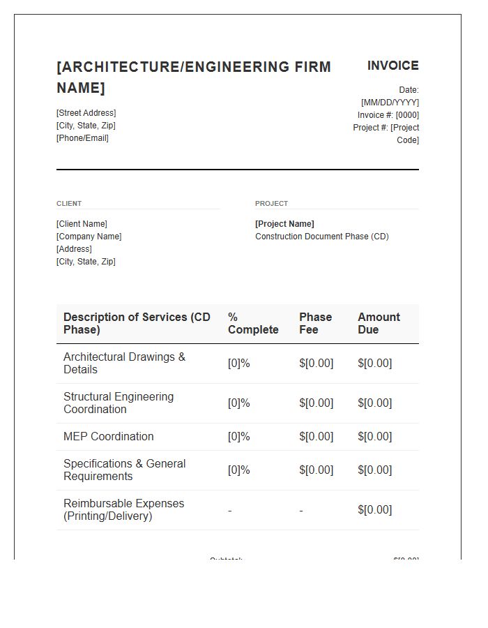 Construction Document Phase Invoice Template