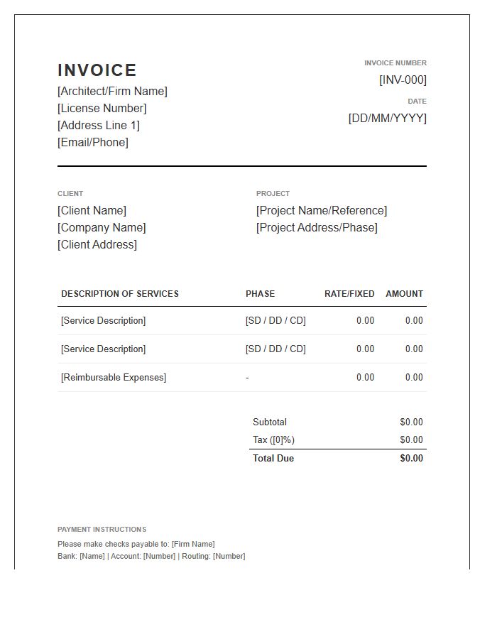 Professional Architectural Services Invoice Template