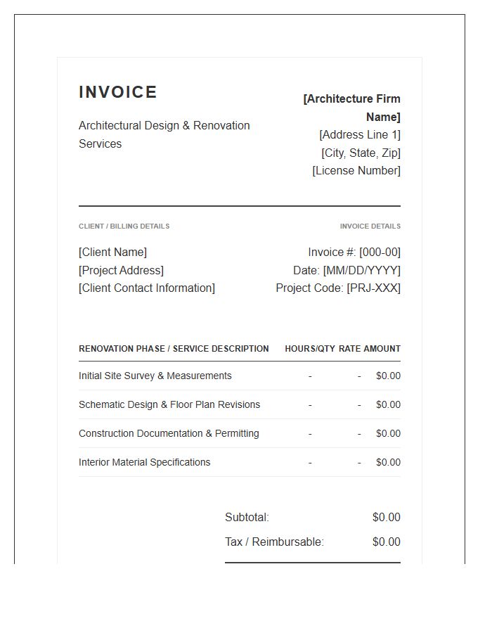 Renovation Project Architecture Invoice Template