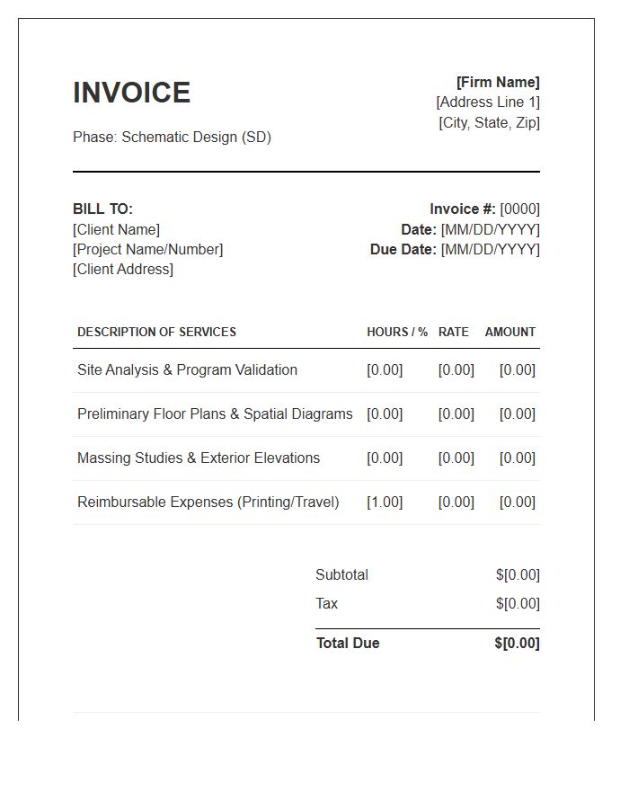 Schematic Design Phase Invoice Template