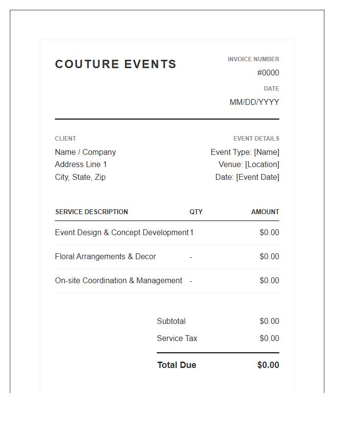 Couture Event Arrangement Invoice Template