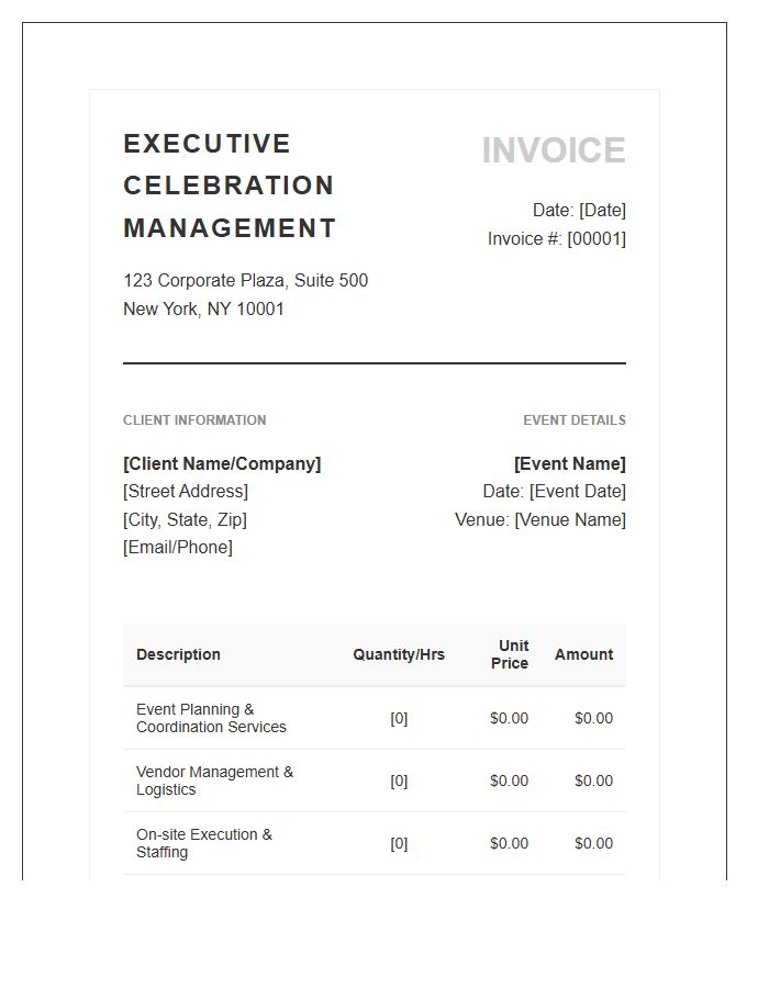 Executive Celebration Management Invoice Template