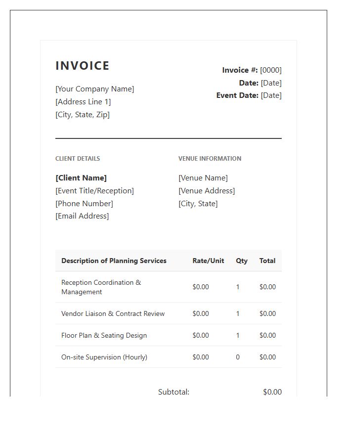 Formal Reception Planning Invoice Template